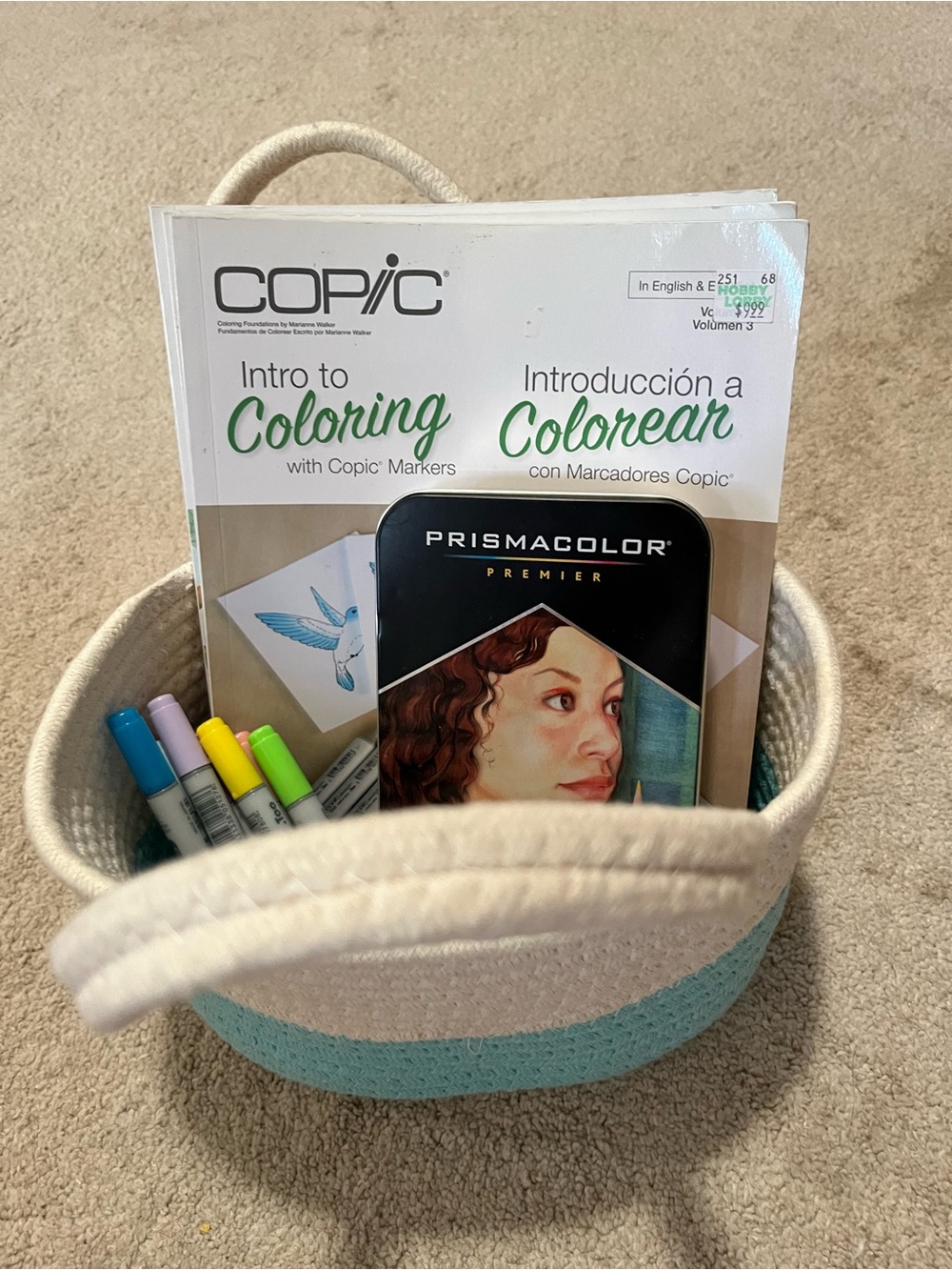 Prisma Colored Pencils Copic Drawing Books Markers Handwoven Cream Blue Basket